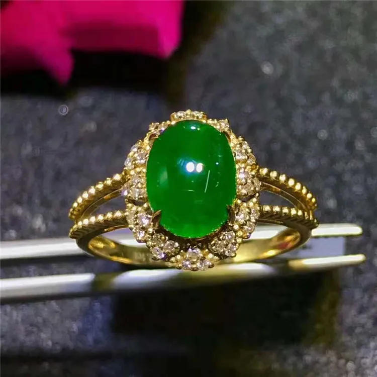 

China Factory Export Elegant Shape Round Cut Emerald Gemstone Pave Diamond 18K Gold Wedding Rings, Vivid green