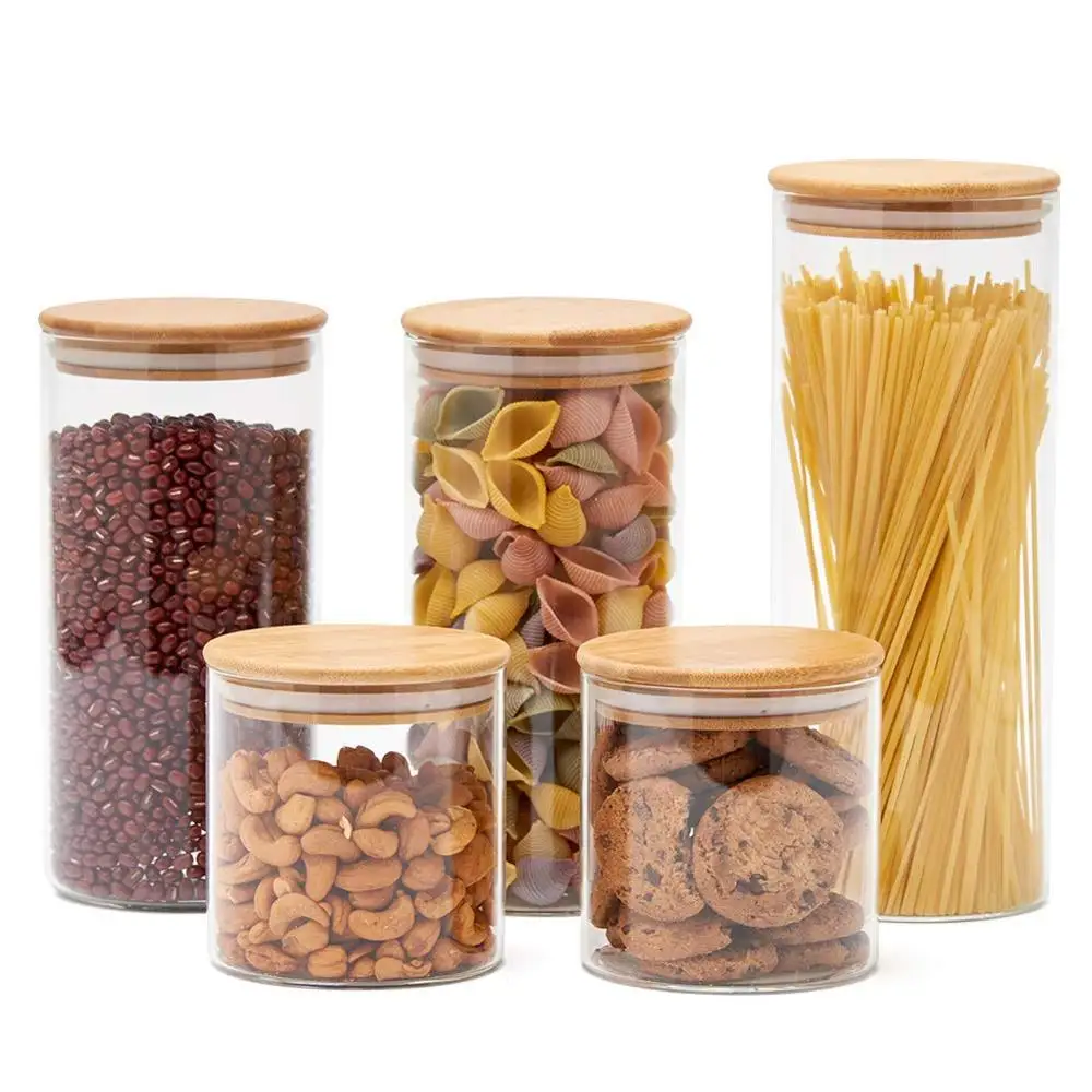 

400ml Glass Jar Air tight Canister Kitchen Food Storage Container Set with Bamboo Lids, Clear