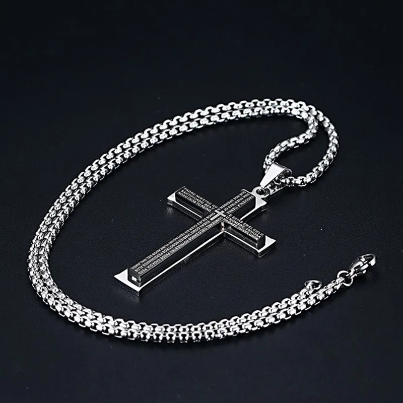 Unisex Stainless Steel Espana Bible Prayer Necklace Cross Pendant for Mens Womens Black