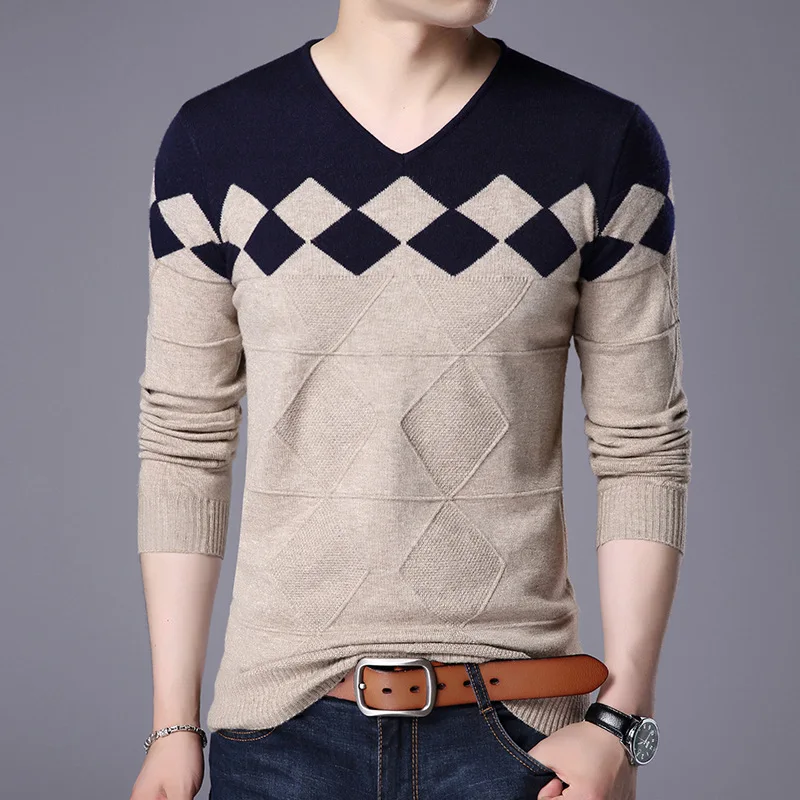 

winter fashion round neck plaid patchwork cool business man knitted sweater, Red,orange,brown