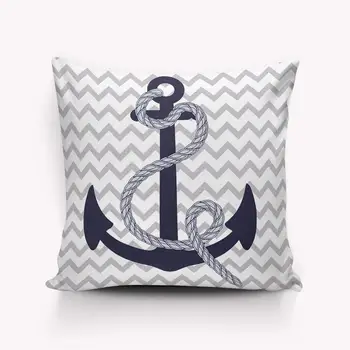Nautical Navy Blue Anchor Grey And White Chevron Zig Zag Ripple