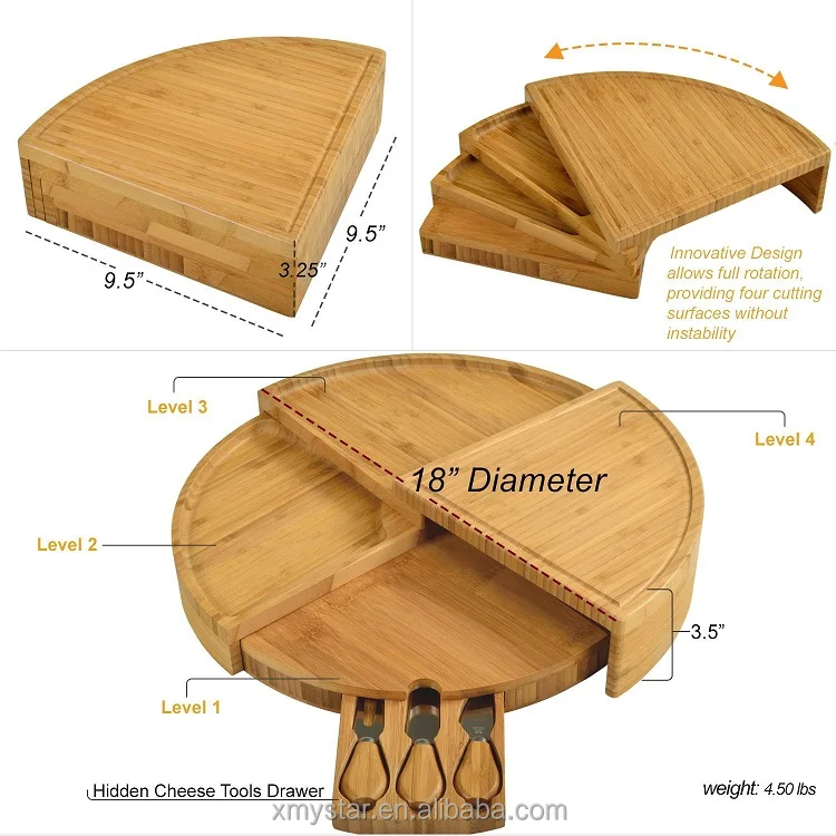 
Natural round bamboo cheese board with 3 cheese knives in slide-out drawer 