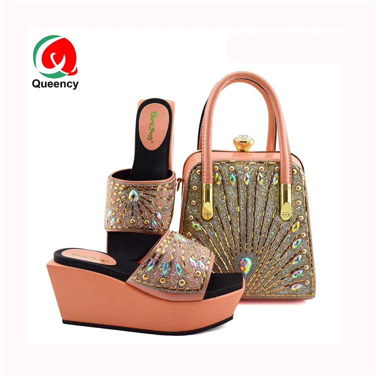 

HF Italian designs wedge slipper women shoes and big bag set for ladies, As shown & customized