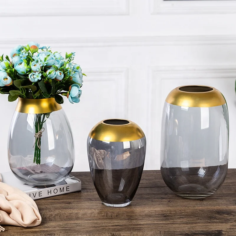 

Nordic Golden Edge Rim Hydroponic Home Decor Electroplating Flower Pot Glass Cylinder Vase, Gold / grey