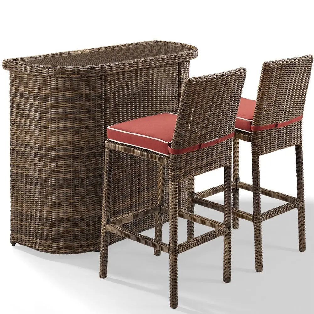 Crosley Furniture 3-Piece Bradenton Outdoor Wicker Bar Set with Two Stools and Cushions - Sangria