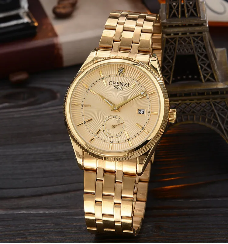 

CHENXI Brand Calendar Quartz Classic Men Luxury Hot Selling Golden Clock Male Rhinestone Watch Relogio Masculino