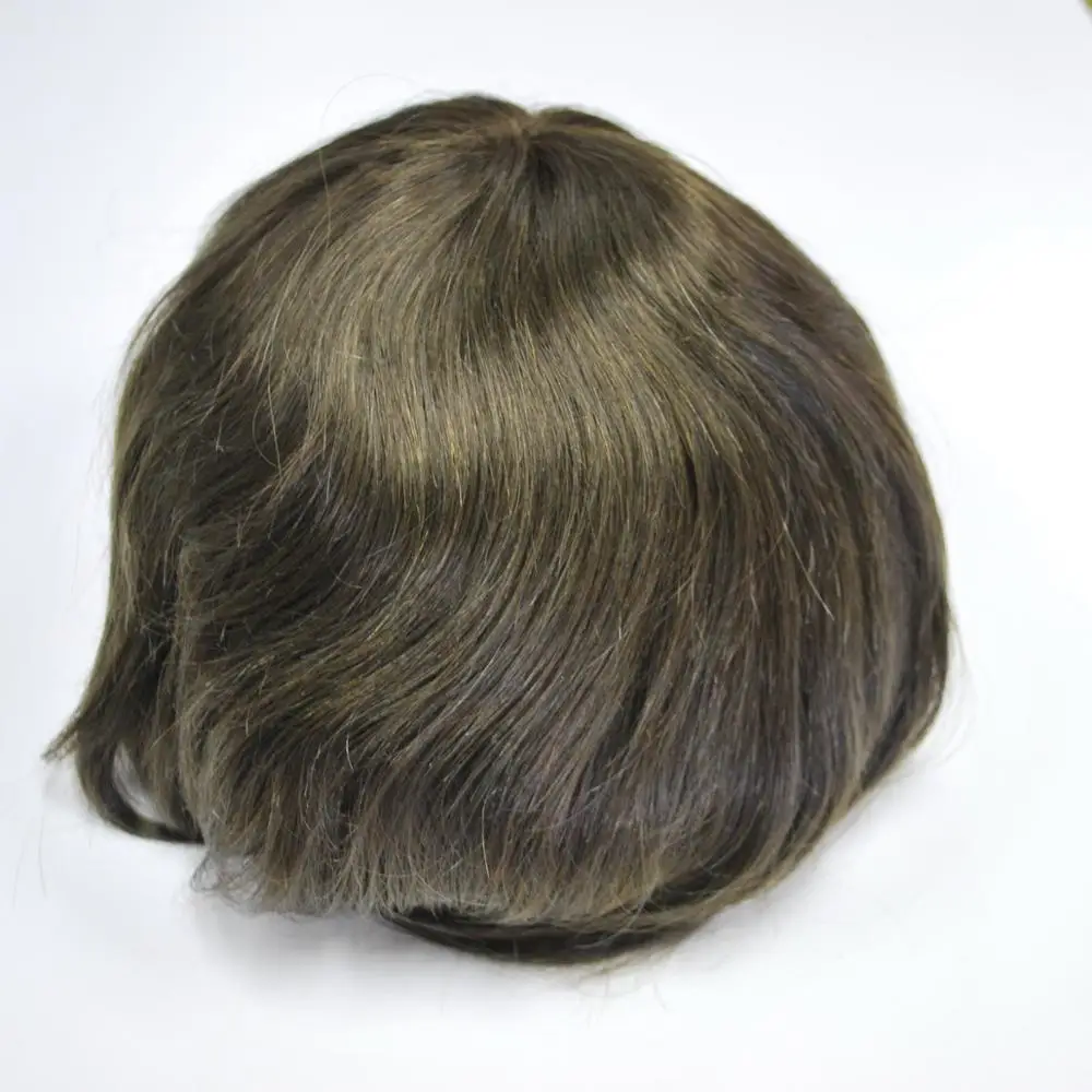 

Stock human hair toupee ash brown french lace with pu hair system for men