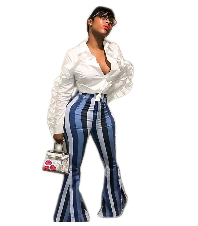 

2019 Flare pants Stripe Print office Fashion Summer Boho Bohemian Women Lady OL Beach Casual Pants Striped Print Flare Pants