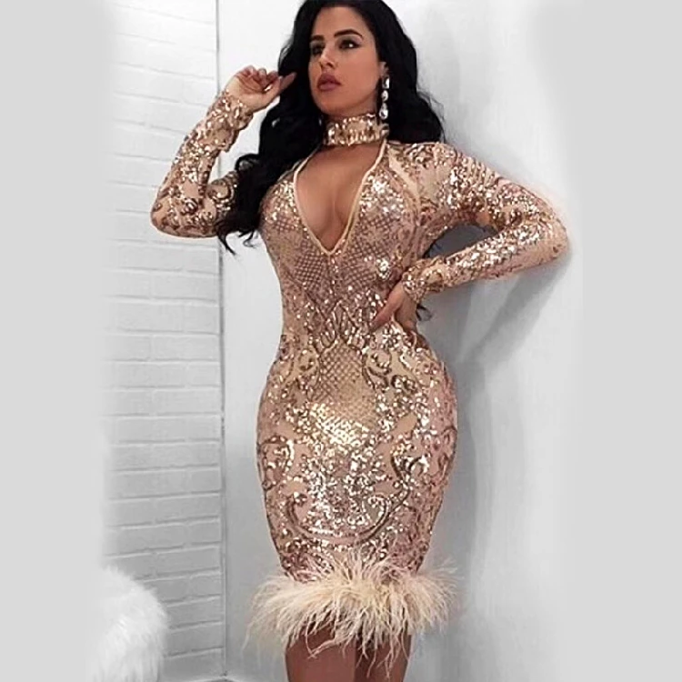Sexy Sheer Glitter Sequin Party Dresses Women Long Sleeve Plunge V Neck Front Split See Through Sparkly Bodycon Dress Clubwear