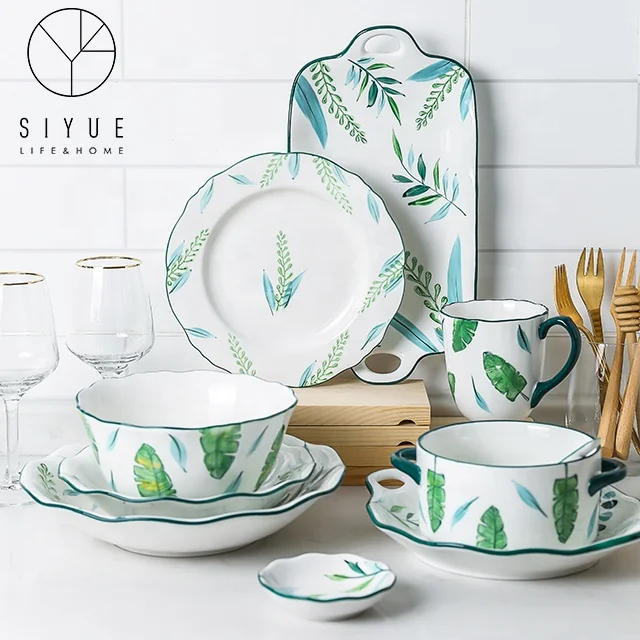 

Hot Sale Tropical Green Leaf Print Ceramic Serving Dinner Plates 1616, White with pattern