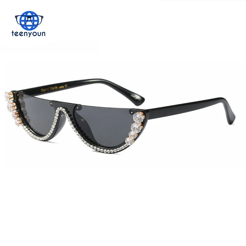 

Sunglasses Women trendy half frame rimless cat eye sunglasses rhinestone women summer 2019 fashion shades women Small glasses HD, Black