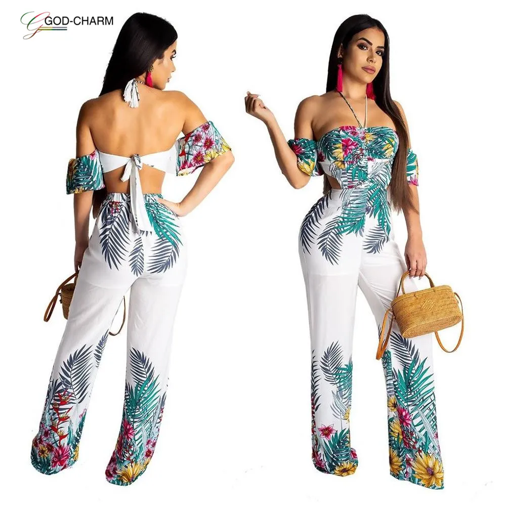 

GC-66862354 Wholesale Floral Printed White Women Jumpsuit Tie Knot Sexy Romper Women Ropa De Mujeres De Moda African Clothing