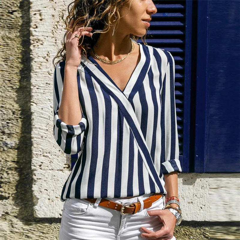 

Fashion V Design Women's Long Sleeve Printing Blouse Ladies stripe Shirt Tops Wholesale Printed Camisas, Custom color