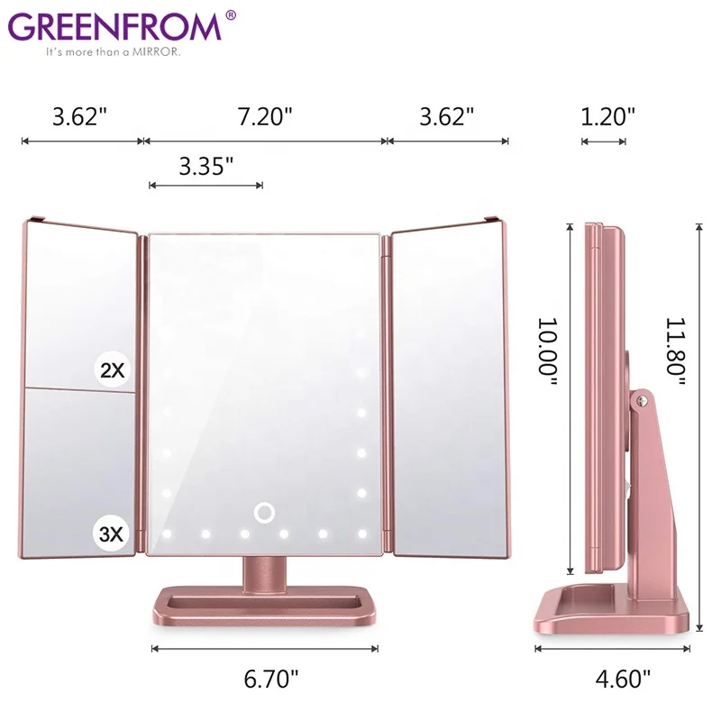 Tri Fold Square Cosmetic Lighted Travel Standing Compact Plastic