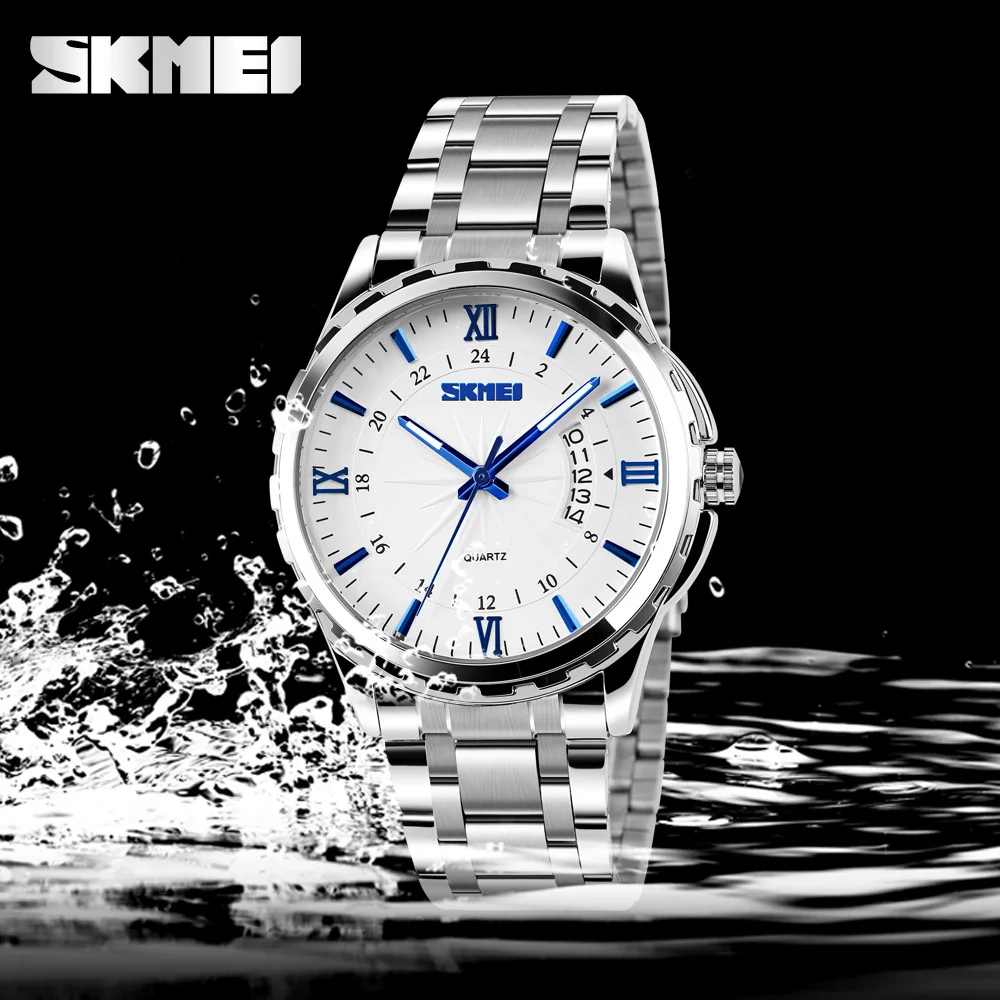 

SKMEI 9069 Silver Luminous Display Pointer Stainless Steel Strap Quartz Watches Men, Blue;rose gold;black/customzied