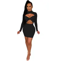 

High Quality Mock Neck Cutout Ruched Long Sleeve Sexy Bodycon Club Dress