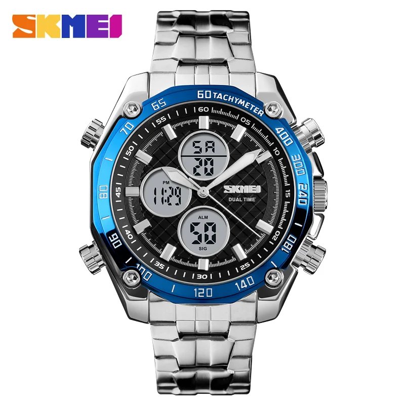 

SKMEI 1302 Brand Luxury Watches Men Military Stainless Steel Dual Time Male Clock Waterproof Men's Sports Quartz Digital Watch