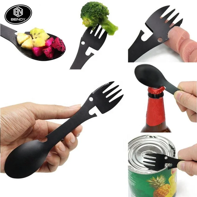 Amazon Stainless Steel outdoor Camping Spork Multi-Function Fork Spoon Bottle can Opener