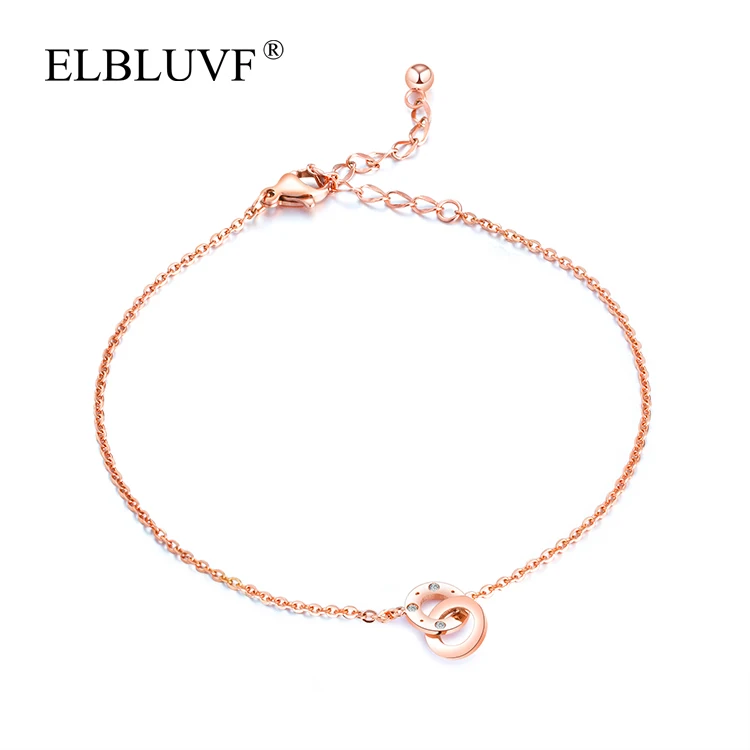 

ELBLUVF Free Shipping Stainless Steel Jewelry Rose Gold Plated Circular Ring Clasp Zircon Anklet