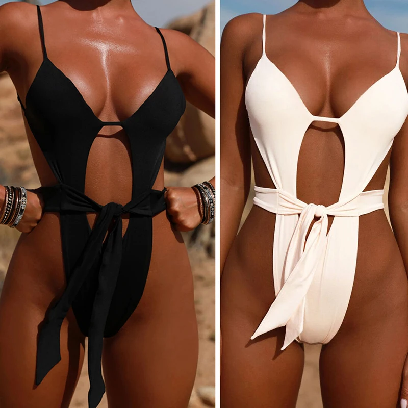 

Sexy Bandage Halter Bikini Set High Cut Hollow Swimwear Women Push Up High Waist Backless Swimsuit, 2 colors available