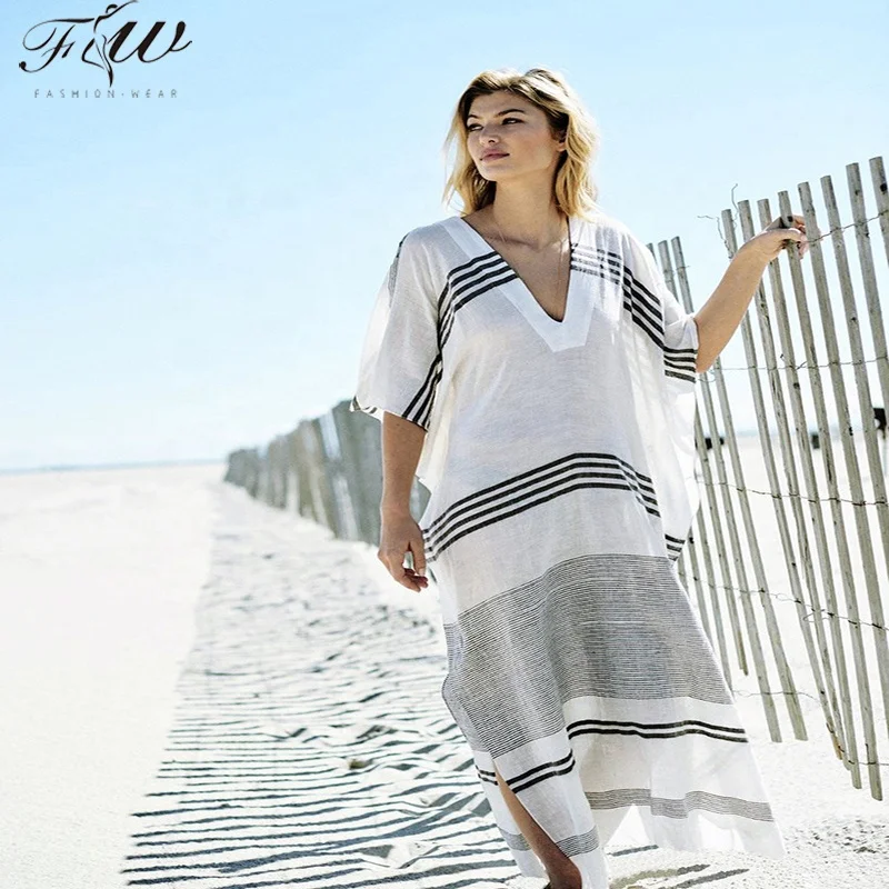 

Women swimwear dress cotton v-neck long stretch beach kaftan beach cover up halter stripe bikini dress, Customized color