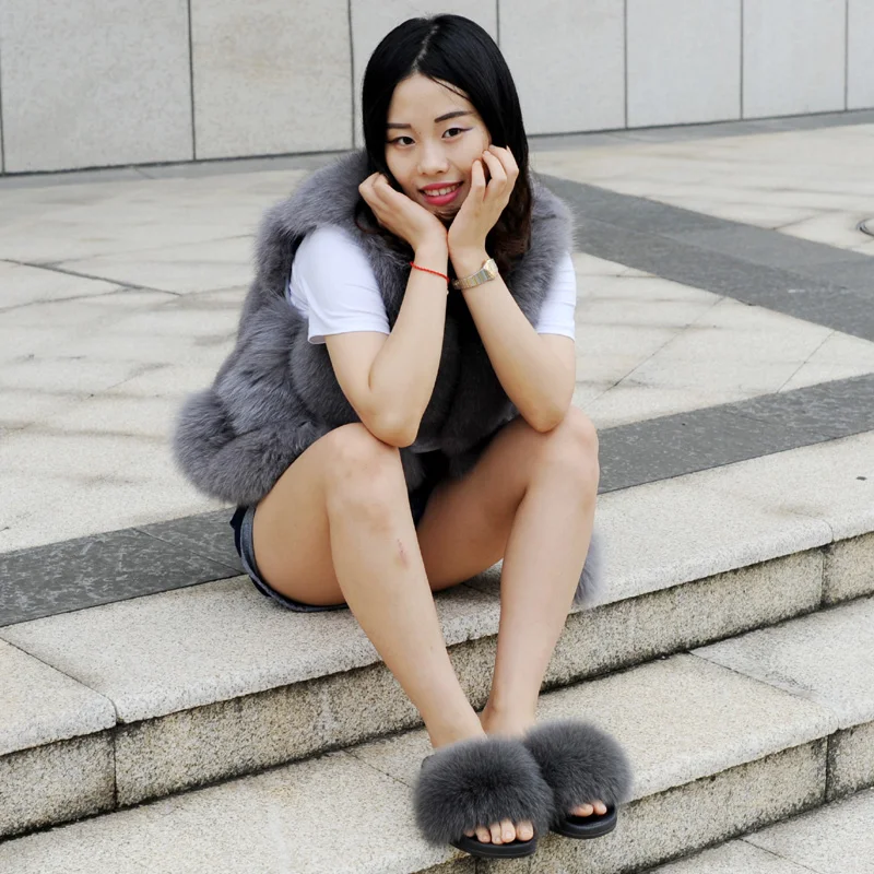 
CX A 70F Cheap Genuine Fox Fur Decorative Slippers Home Shoes 