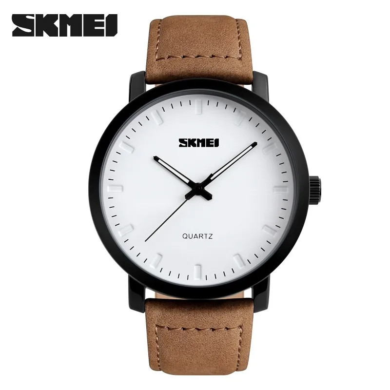 

simple male dress business watch casual brown leather strap 30m waterproof quartz watch army military skmei 1196 men wrist watch