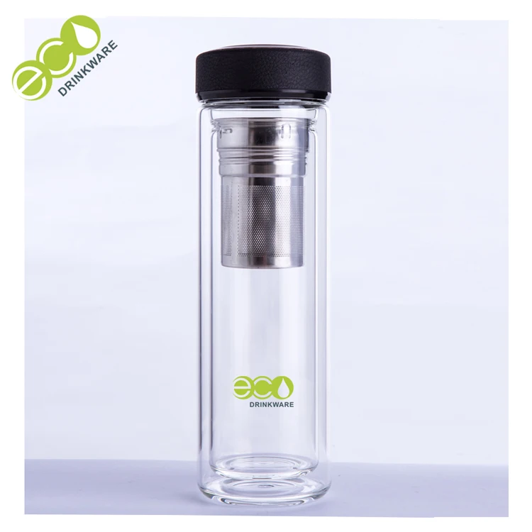 GA6015 Custom logo double wall borosilicate glass infuser drinking tea bottle with tea infuser leather feeling lid