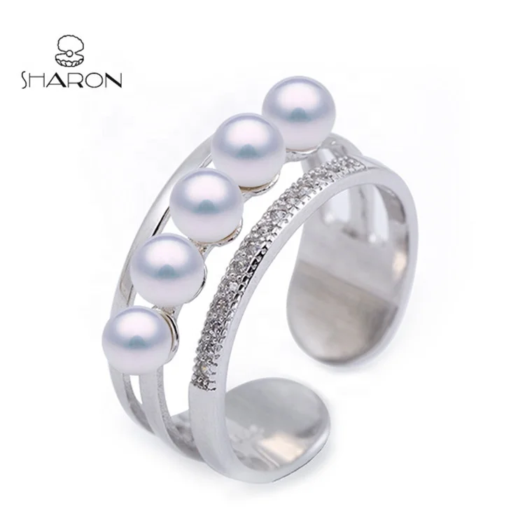 

Women Fashion Jewelry 925 Sterling Silver Pearl Rowed Ring Mountings Adjustable, White gold