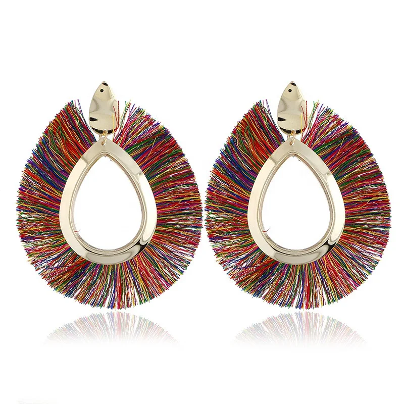 

SH1211 Statement Wide Silk Thread Fan Tassel Earrings For Women 2018 Big Round Alloy Drop Dangle Earrings Bohemia