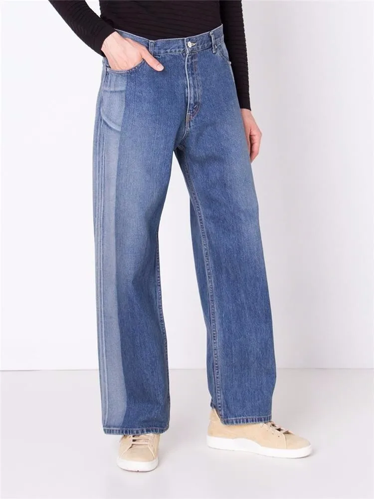 皇家狼牛仔牛仔裤制造商跟踪裤子风格蓝色复古洗双色阔腿面板牛仔裤