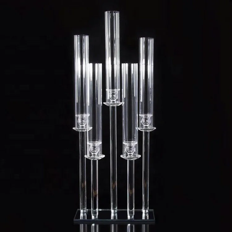 Wholesale Glass Tubes Candle Holder 5 Arms Crystal Wedding Candlestick