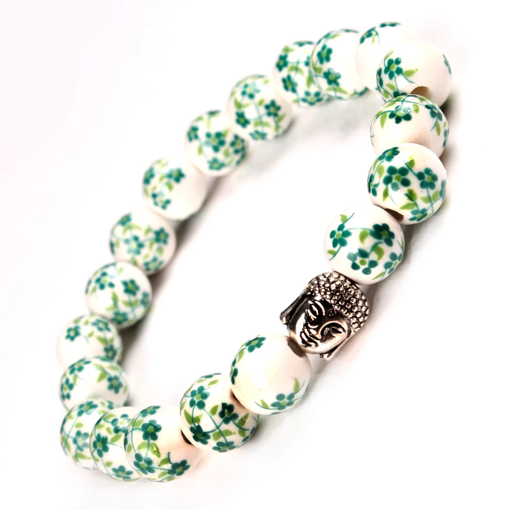 

Natural Green and white bead Silver Buddha head Charm Bangle Stretch Bracelet