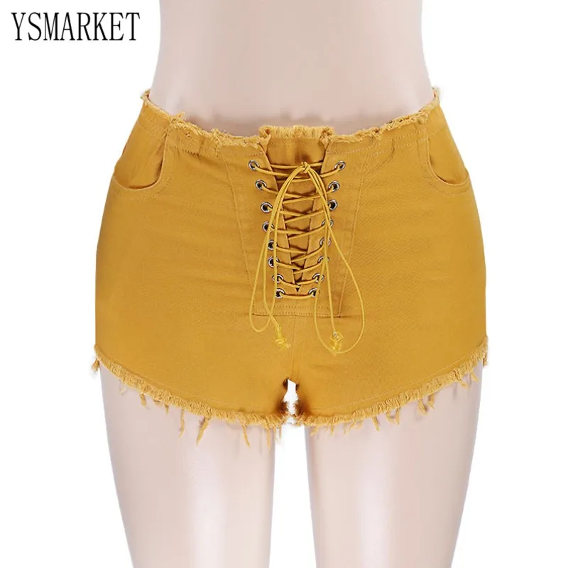 

YSMARKET Tassel Hotpants Yellow White Shorts Lace Up Summer Sexy Denim Jeans Hight Waist Female Clothing E80057