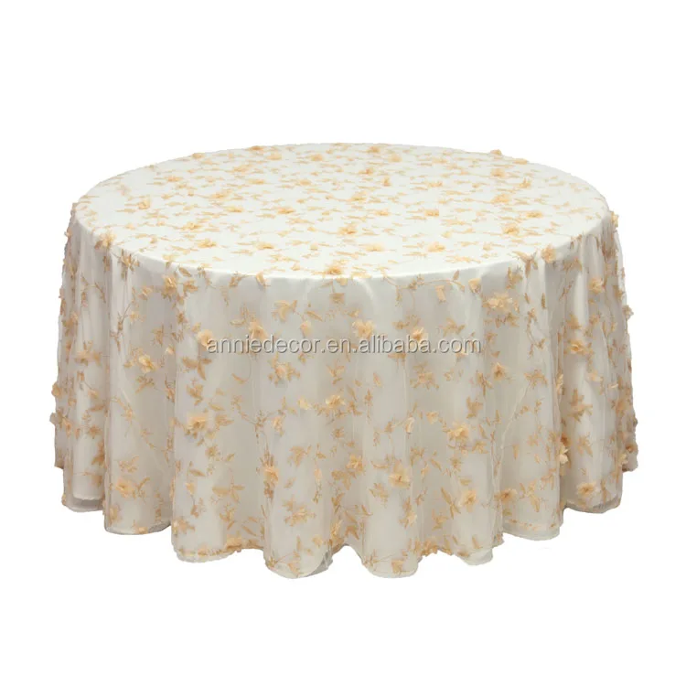 embroidered 3D flower design 120inch round wedding table cloth Hot Sale