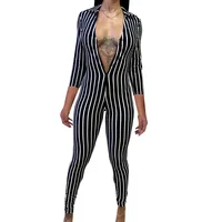 

5 Color High Street Striped Zip Front Ladies Jumpsuit Autumn Fashion Party Women Jumpsuits Long Sleeve Bodycon Romper Y11380