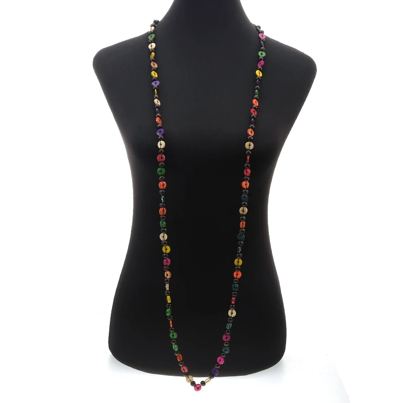 

Wholesale Ethnic Long Necklace for Women Coconut Shell Bohemian Knit Handmade Multicolor Round Wood Beads Long Necklace Jewelry, Multi color