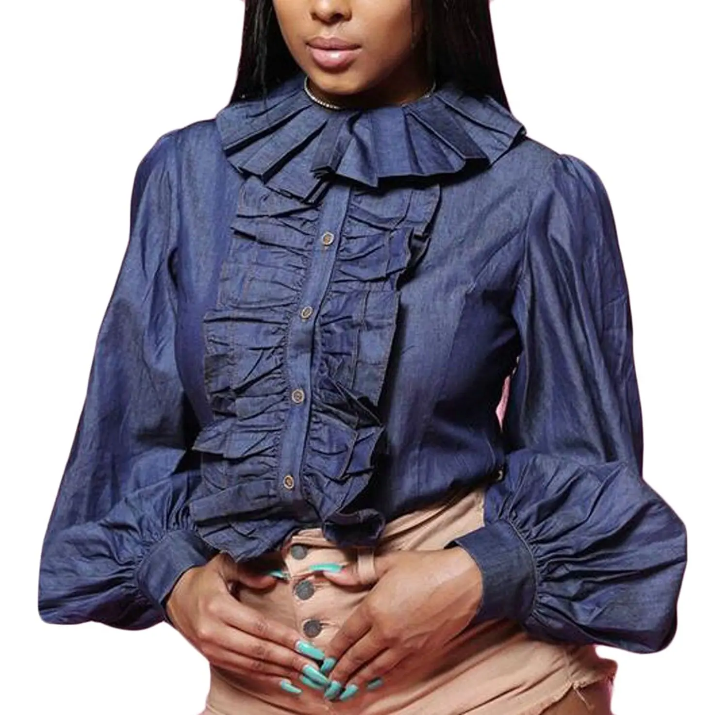 womens ruffle denim shirt