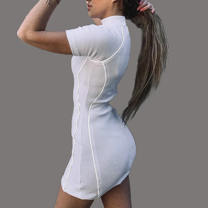 

Mini Summer Embroidery Short Sleeve Rib Bodycon Dresses White Reflective Striped Patchwork Casual Dress Woman