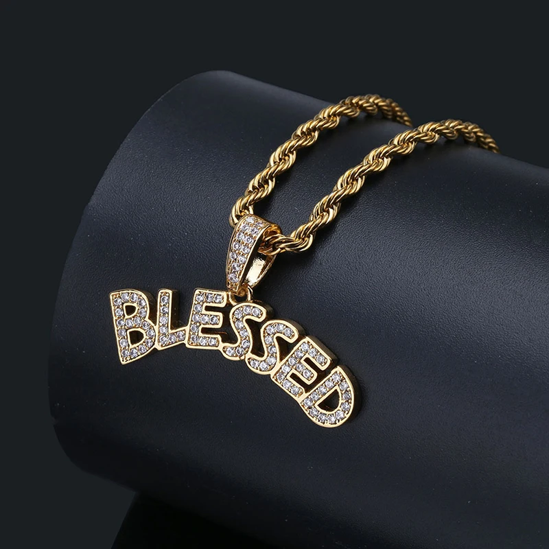 

Men Women Hip Hop Jewelry Blessed Iced Out Necklace Pendant Statement Letters Gold Color Cubic Zircon Necklace (KHP066), As picture