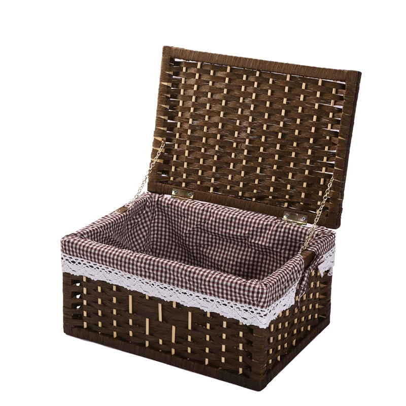 

KINGWILLOW Handmade Rectangle Woven Paper Rope Storage Basket Cosmetic Storage Box with lid in stock, Customized