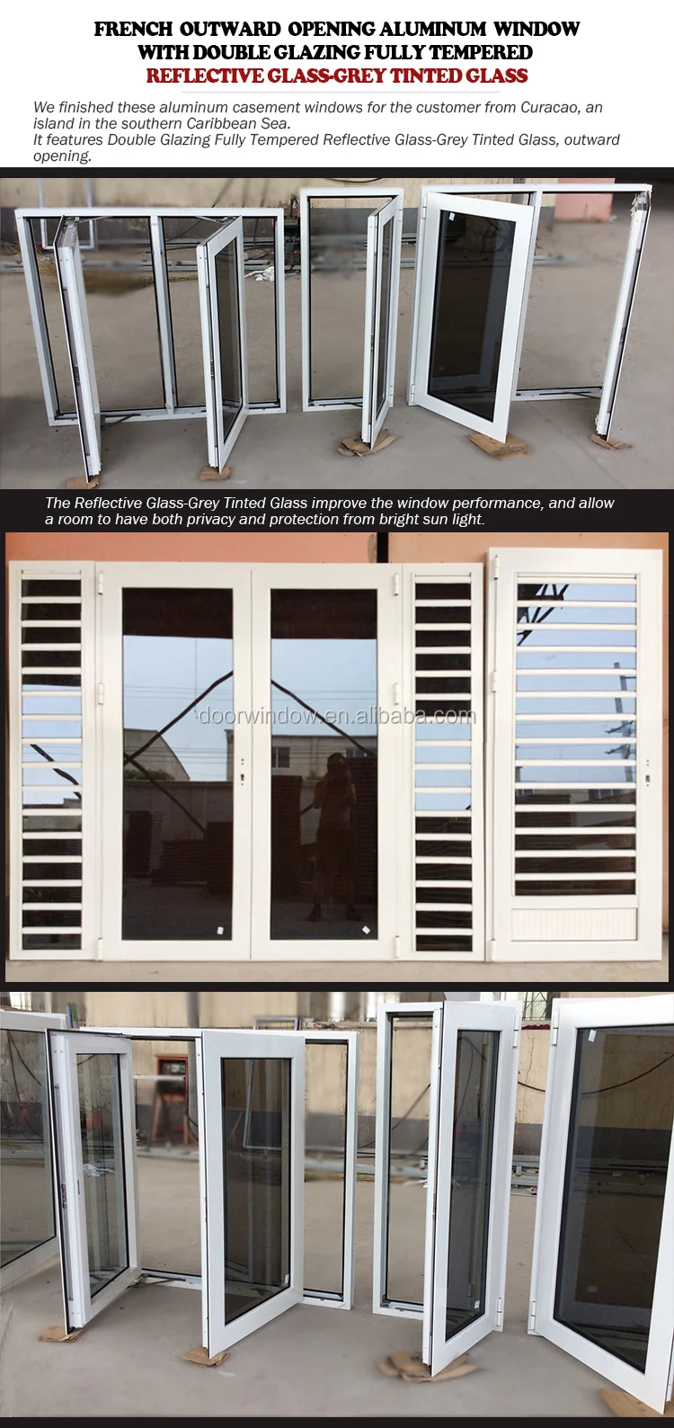 Customized Double Glazing Fully Tempered Reflective Glass Grey Tinted Outswing Aluminum Casement Window