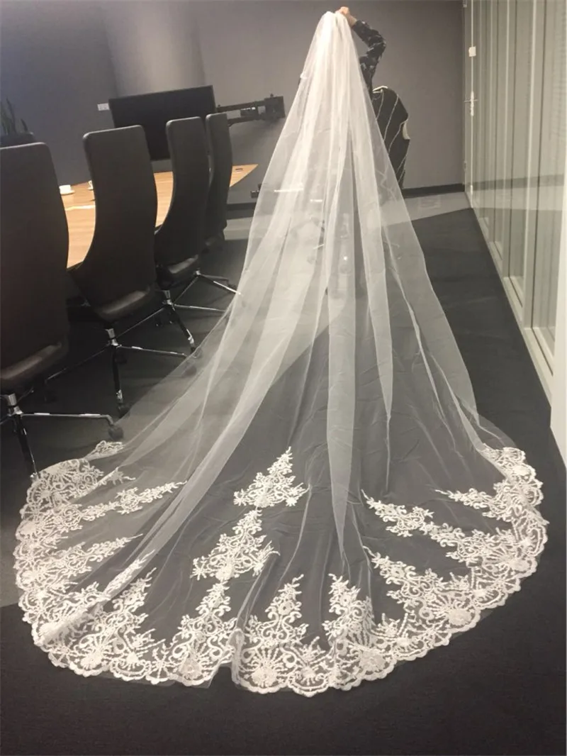 New 4 Meters One Layer Lace Tulle Long Wedding Veil New White Ivory 4 M Bridal Veil with Comb Velos De Novia 400CM