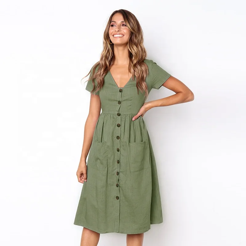 

2019 HTK V Neck Woman Casual Button Maxi Dress With Pocket, N/a