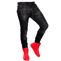 

New fashion men's jeans tight jogging pant denim black skinny quality jeans stock factory Hip-hop slim men jeans jogger fold
