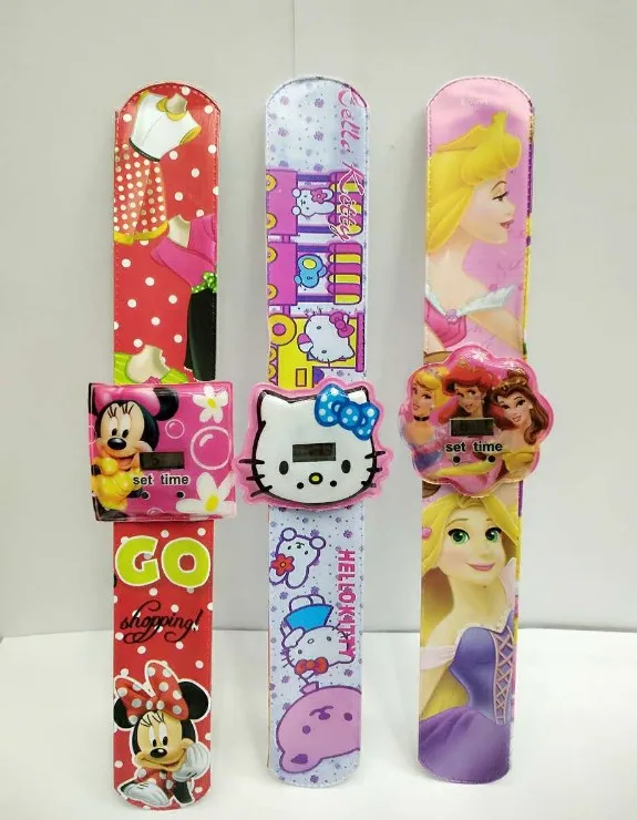 

Novelty kid's frozen snap bracelet with wristwatches lovely silicone polyeaste multi color full printed safety watch for kids, Mix color