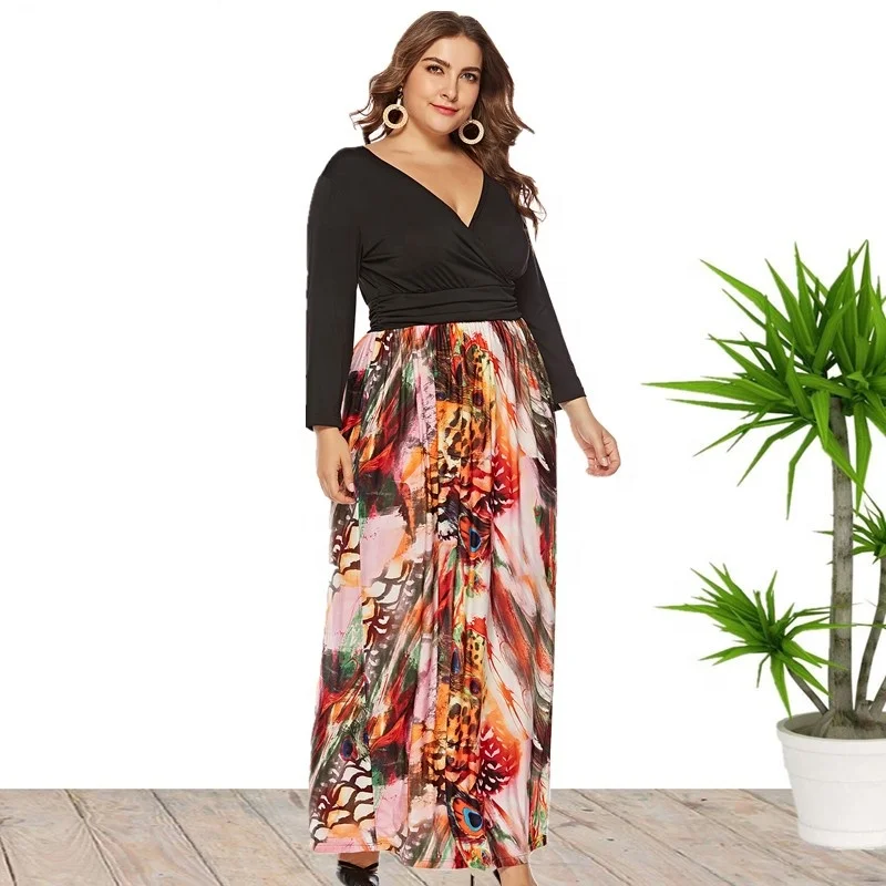 

2020 New Arrival Floral Print Long Sleeve Plus Size Maxi Autumn Stitching Dress For Women