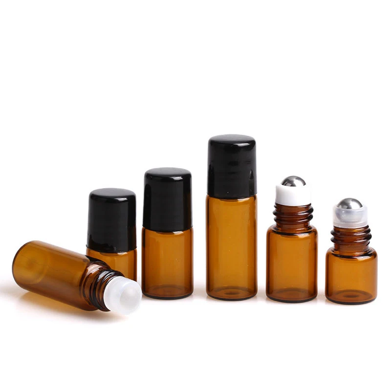 

Hot sale amber 1ml 2ml 3ml cosmetic glass roll on bottles with stainless steel roller ball