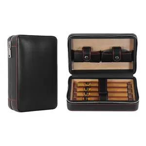 Image of Cedar Black Leather Travel Humidor Case for 4 Cigars