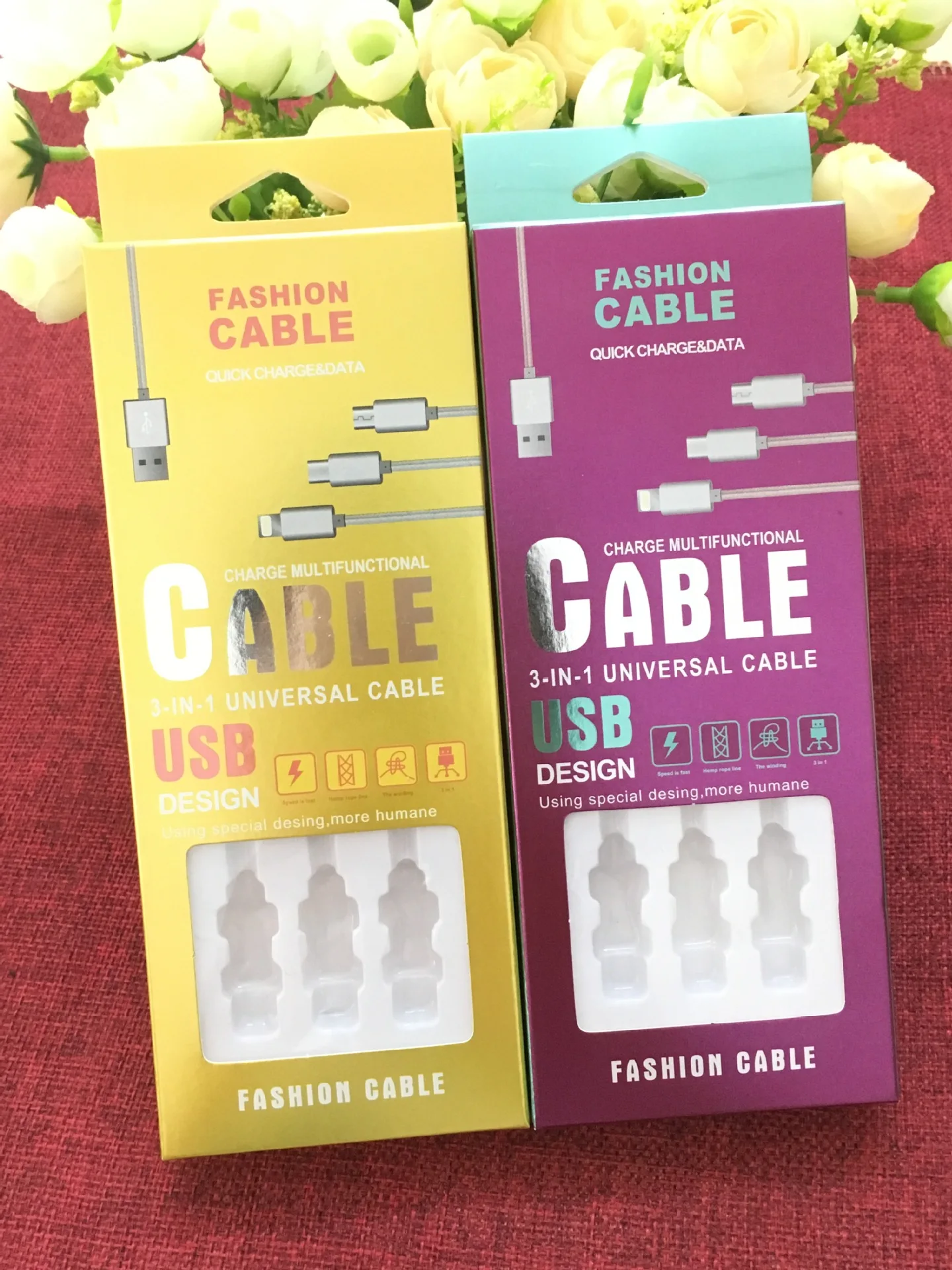 3 IN 1 Gold Colour Nylon Braided USB Charging Cable for Phones from XYZ-link - ANKUX.COM